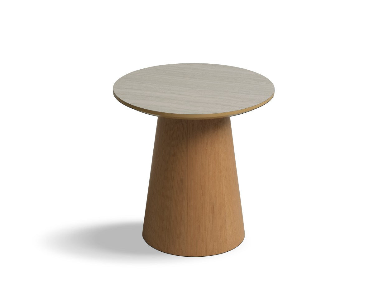 Ø50x50 cm – Paros sofabord i travertin med fod i egetræsfinér fra Unique Beds, Home & Living