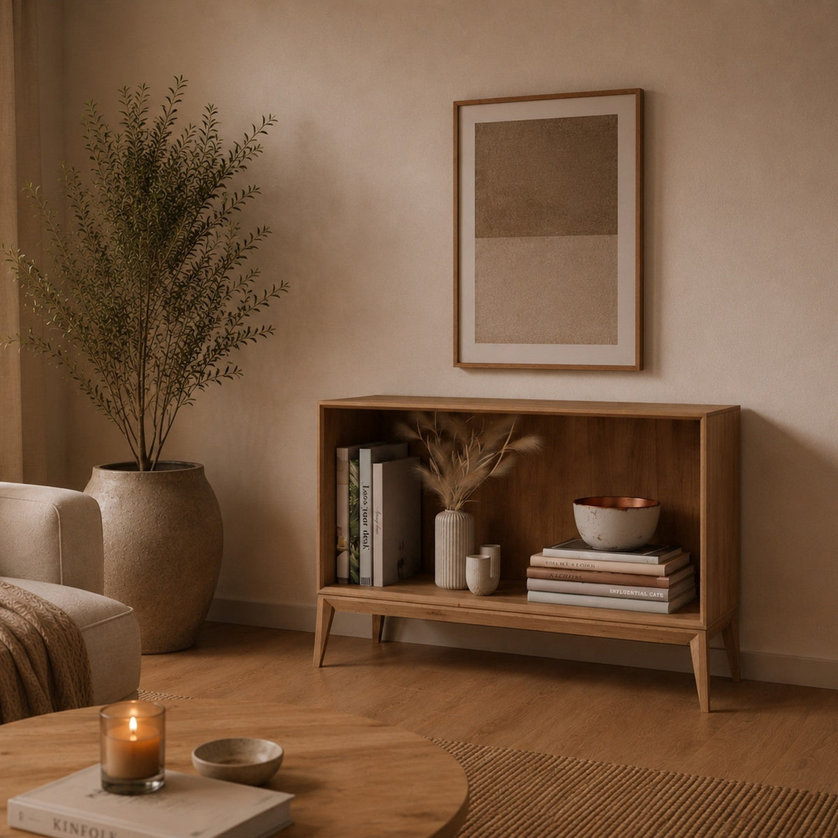 Njord Åben Snedker Reol med Ben i Massiv FSC Egetræ og Bianco Lys Olie fra Organic Sleep | H63 x B90 x D42 cm | Leveres Færdigsamlet fra Unique Beds, Home & Living