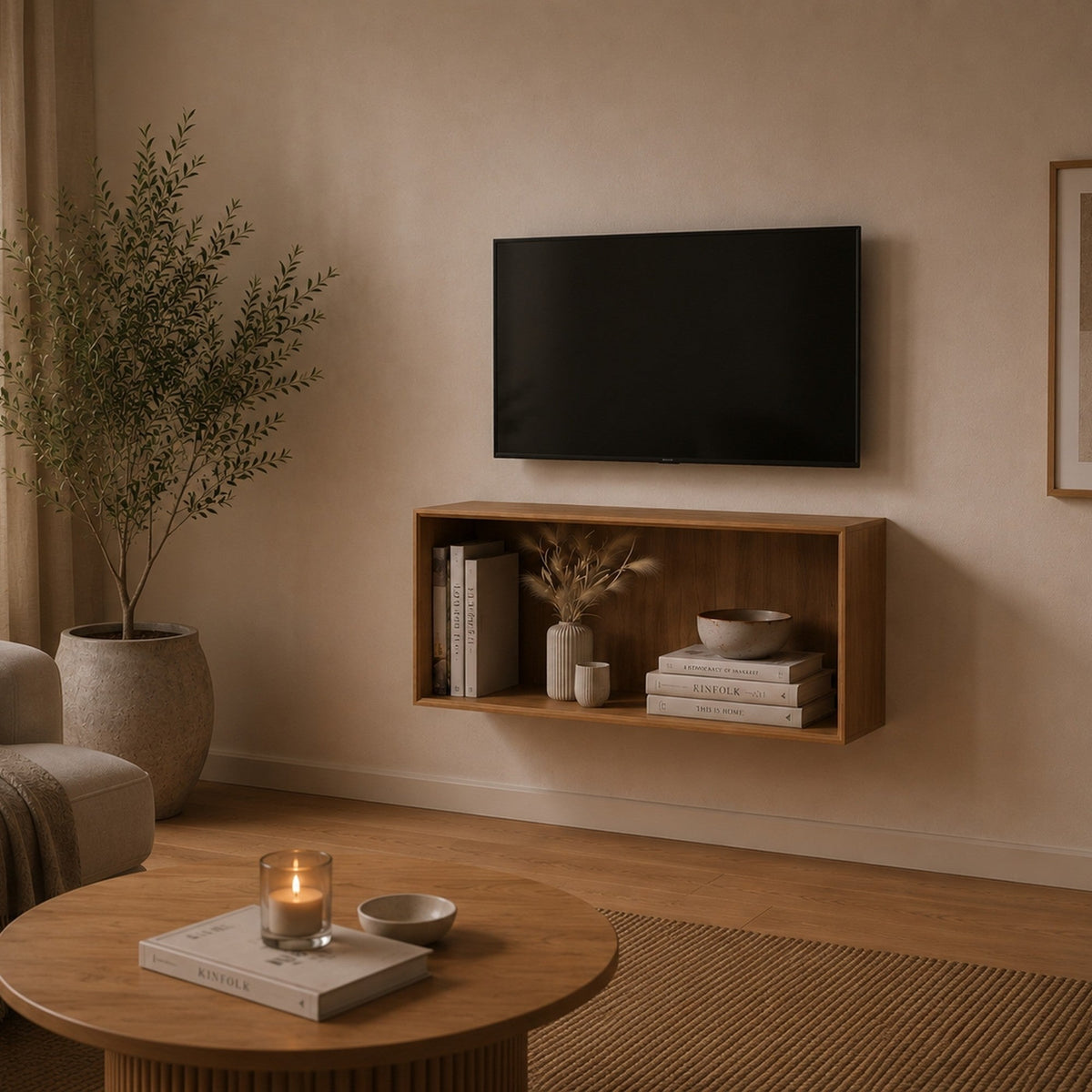 Njord Væghængt Åben Snedker Reol/Tv-Bord i Massiv FSC Egetræ og Bianco Lys Olie fra Organic Sleep | H43 x B90 x D42 cm | Leveres Færdigsamlet fra Unique Beds, Home & Living