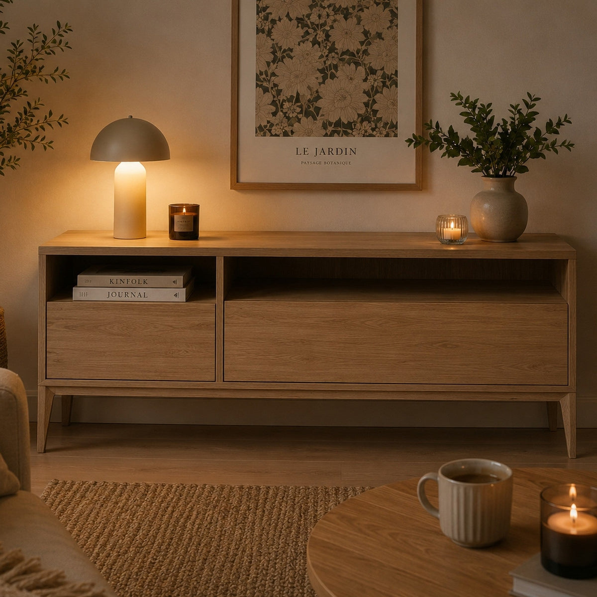Njord Snedker Tv-Bord/Lav Skænk med 2 Skuffer i Massiv FSC Egetræ og Bianco Lys Olie fra Organic Sleep | H63 x B134 x D42 cm | Leveres Færdigsamlet fra Unique Beds, Home & Living