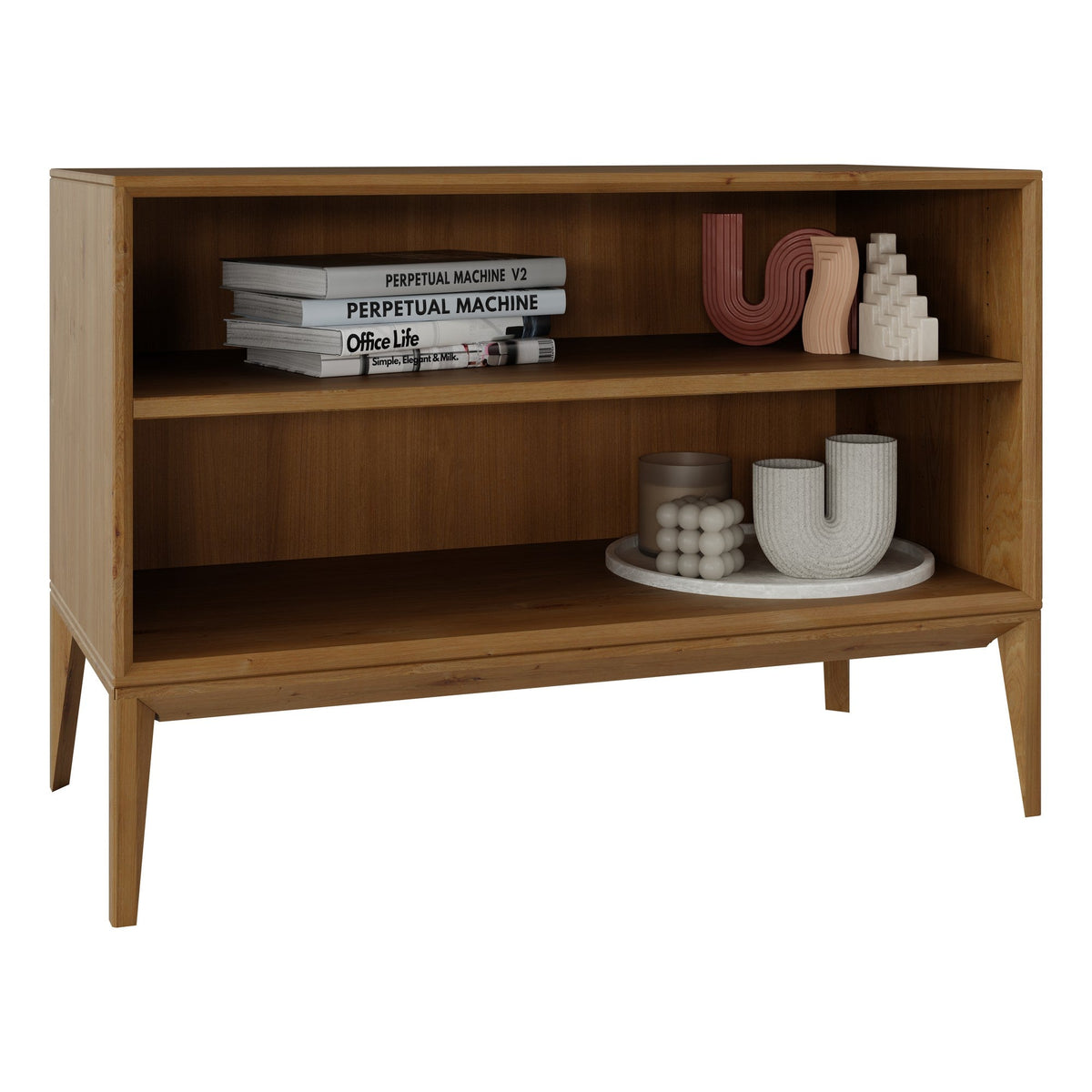 Njord Åben Snedker Reol/Tv-Bord med 1 Hylde og Ben i Massiv FSC Egetræ og Naturolie fra Organic Sleep | H63 x B90 x D42 cm | Leveres Færdigsamlet fra Unique Beds, Home & Living