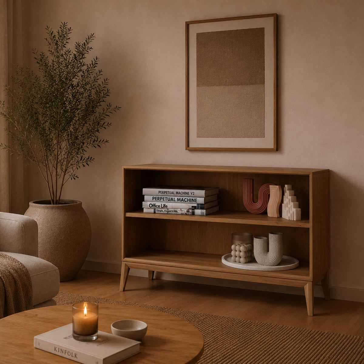 Njord Åben Snedker Reol/Tv-Bord med 1 Hylde og Ben i Massiv FSC Egetræ og Bianco Lys Olie fra Organic Sleep | H63 x B90 x D42 cm | Leveres Færdigsamlet fra Unique Beds, Home & Living
