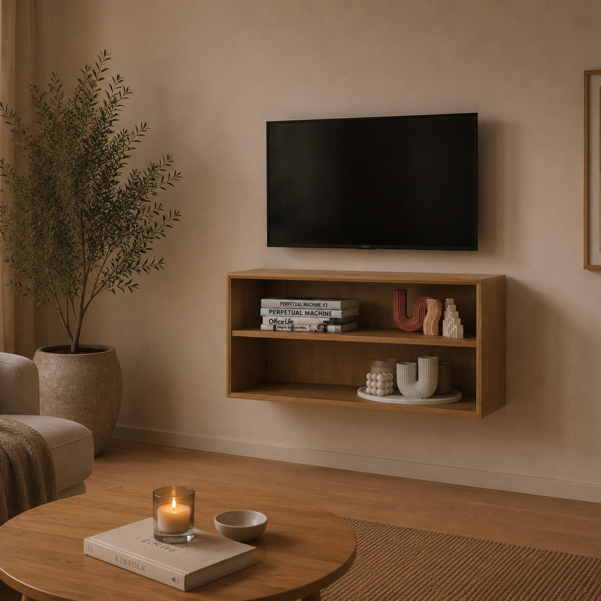 Njord Væghængt Åben Snedker Reol med 1 Hylde i Massiv FSC Egetræ og Bianco Lys Olie fra Organic Sleep | H43 x B90 x D42 cm | Leveres Færdigsamlet fra Unique Beds, Home & Living