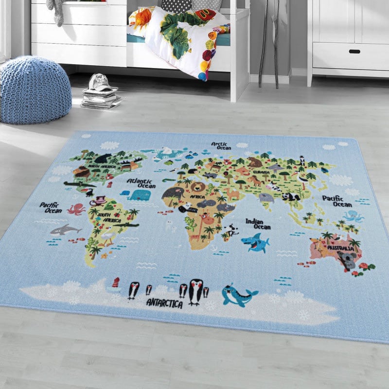 Blåt Verdenskort Børne Gulvtæppe fra Rugs by Uniquebeds Home & Living | Flere Størrelser