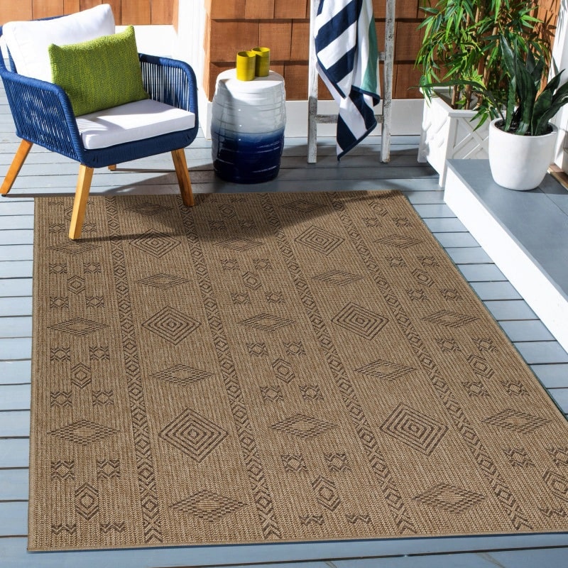 Chloe Indendørs/Udendørs Gulvtæppe i Beige med Simpelt Sort Mønster fra Rugs by Uniquebeds Home & Living | Flere Størrelser