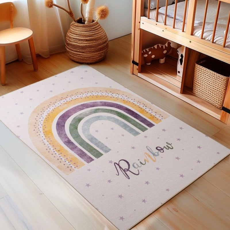 Cremefarvet Regnbue Børne Gulvtæppe fra Rugs by Uniquebeds Home & Living | Flere Størrelser