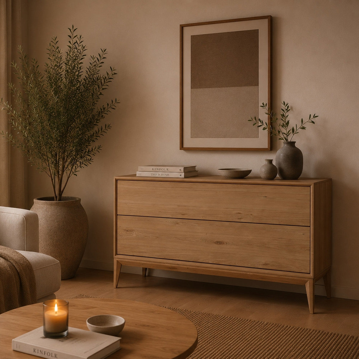 Njord Snedker Kommode/Tv-Bord med 2 Skuffer og Ben i Massiv FSC Egetræ og Bianco Lys Olie fra Organic Sleep | H63 x B90 x D42 cm | Leveres Færdigsamlet fra Unique Beds, Home & Living