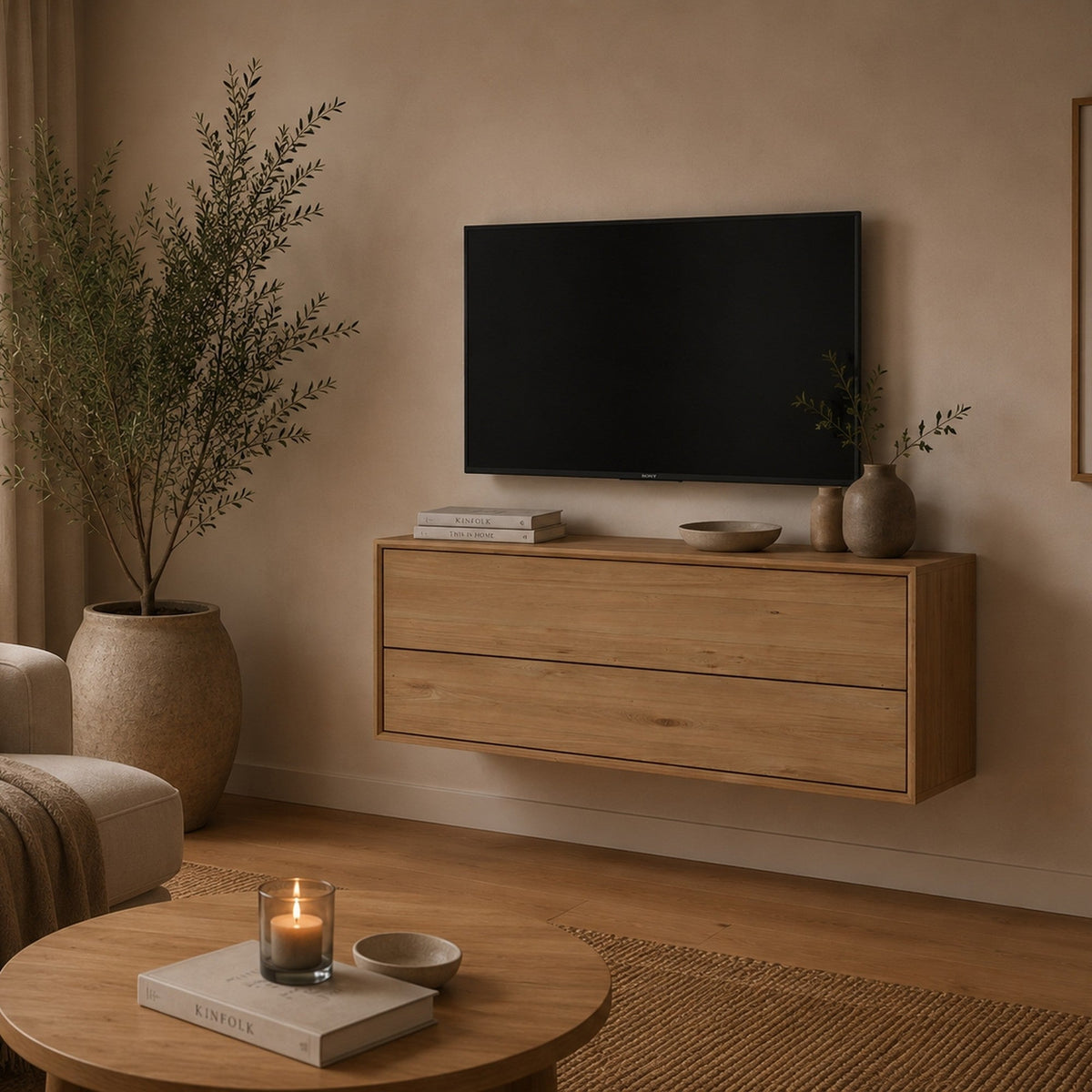 Njord Væghængt Snedker Kommode med 2 Skuffer i Massiv FSC Egetræ og Bianco Lys Olie fra Organic Sleep | H43 x B90 x D42 cm | Leveres Færdigsamlet fra Unique Beds, Home & Living