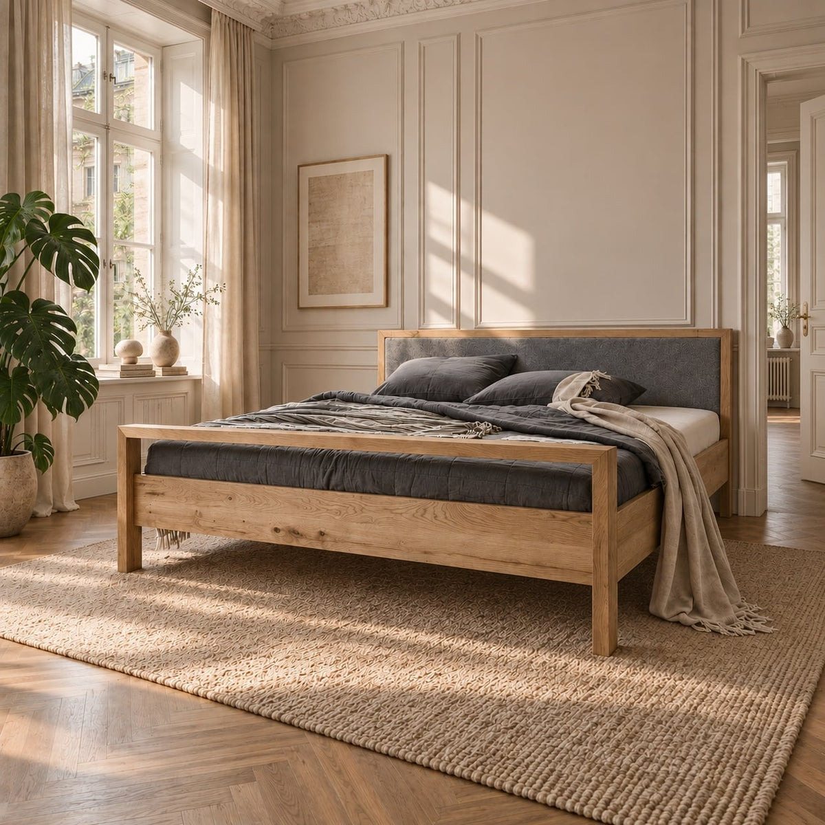 Freja Snedker Sengeramme i Massiv FSC Egetræ med Naturolie & Grå Uld fra Organic Sleep | Høj Fodgavl
