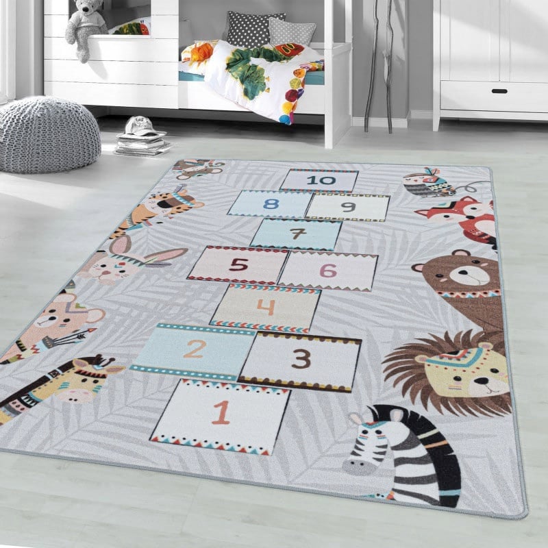 Gråt Børne Gulvtæppe med Tal & Dyr fra Rugs by Uniquebeds Home & Living | Flere Størrelser