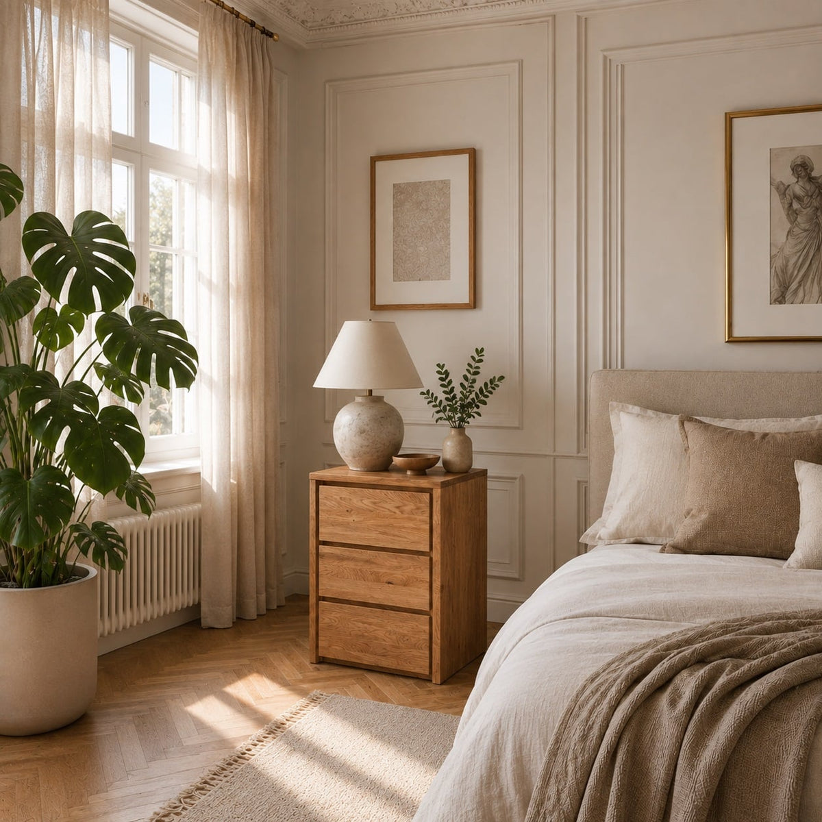 Heimdal Snedker Sengebord/Kommode i Massiv Egetræ med 3 Skuffer og Naturolie fra Organic Sleep | H70 x B47 x D42 cm | Leveres Færdigsamlet