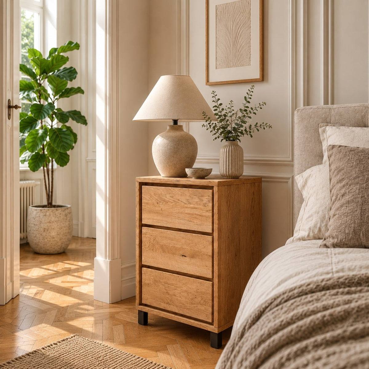 Heimdal Snedker Sengebord/Kommode med 3 skuffer i Massiv FSC Egetræ med Naturolie på Metalfødder fra Organic Sleep | B47 x H79 x D42 cm | Leveres Færdigsamlet