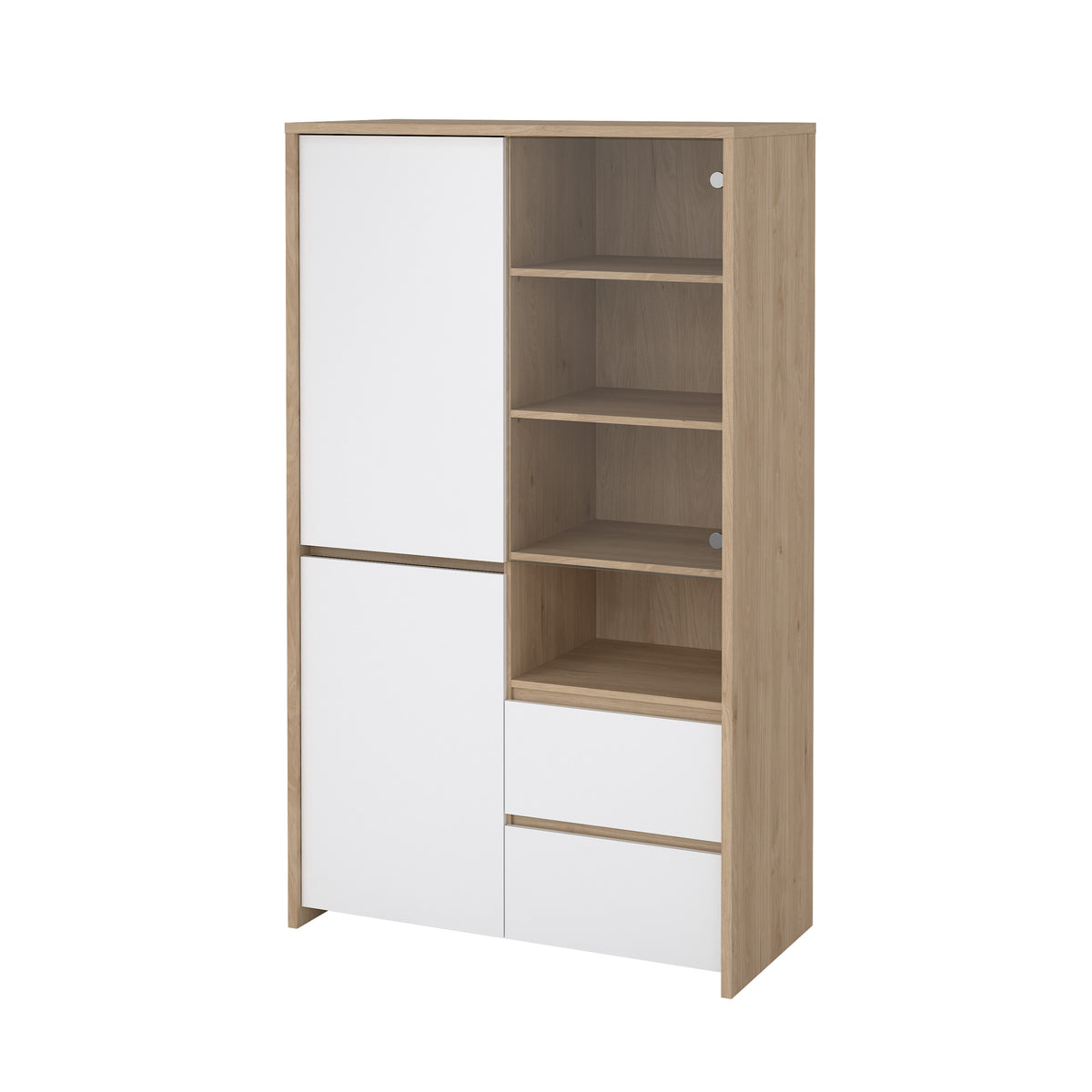 Next Vitrineskab med 2 Døre, 1 Glasdør og 2 Skuffer i Jackson Hickory og Hvid Højglans fra Tvilum | B100,1xD48,1xH170,2cm