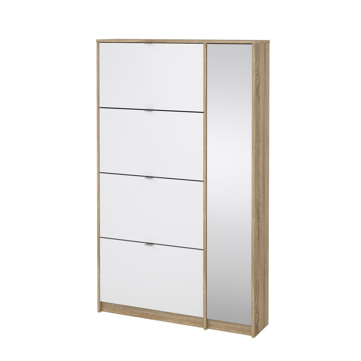 Shoes Skoskab med 4 Vippedøre, 2 Lag og 1 Spejldør i Egetræslaminat og Hvid Højglans fra Tvilum | B98,8xD24,05xH162cm