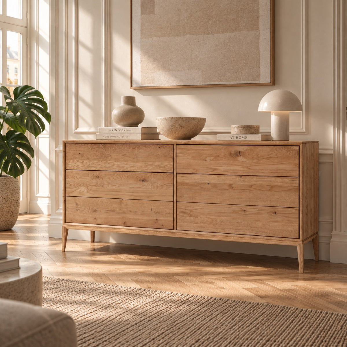 Njord Snedker skænk med 6 skuffer i Massiv FSC Egetræ og Naturolie fra Organic Sleep | Leveres færdigsamlet | H82 x B178 x D42 cm