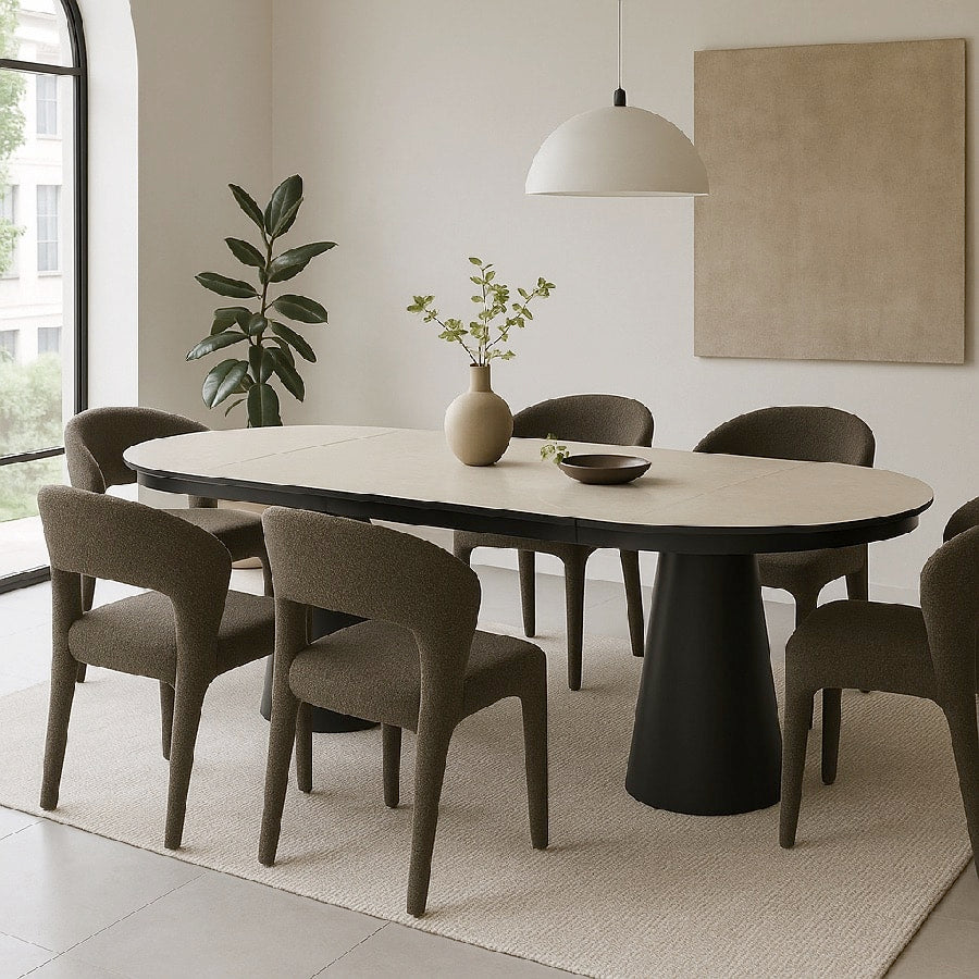 Pearl Spisebord i Light Grey/Beige Marmorlook Bordplade med Udtræk & Sorte Ben/Stel fra Lexpo Living | Ø110 - 240x110 cm