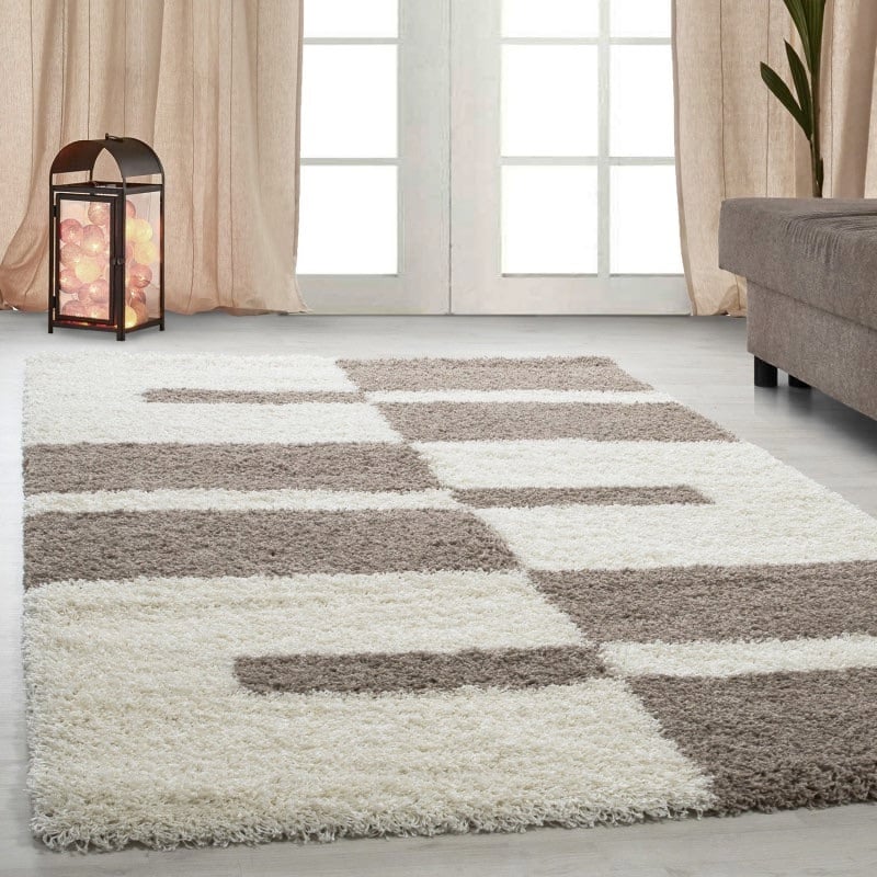 Riley Gulvtæppe i Beige & Brun med Mønster af Blokke & Beige Striber fra Rugs by Uniquebeds Home & Living | Flere Størrelser i Firkantet & Rund
