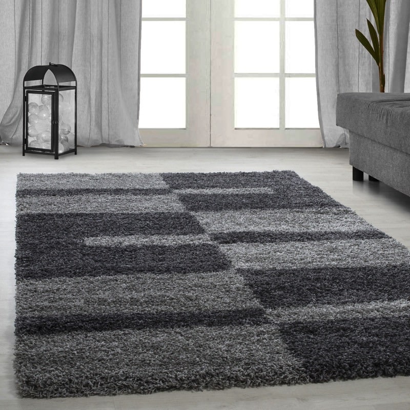 Riley Gulvtæppe i Beige & Grå med Mønster af Blokke & Mørkegrå Striber fra Rugs by Uniquebeds Home & Living | Flere Størrelser i Firkantet & Rund