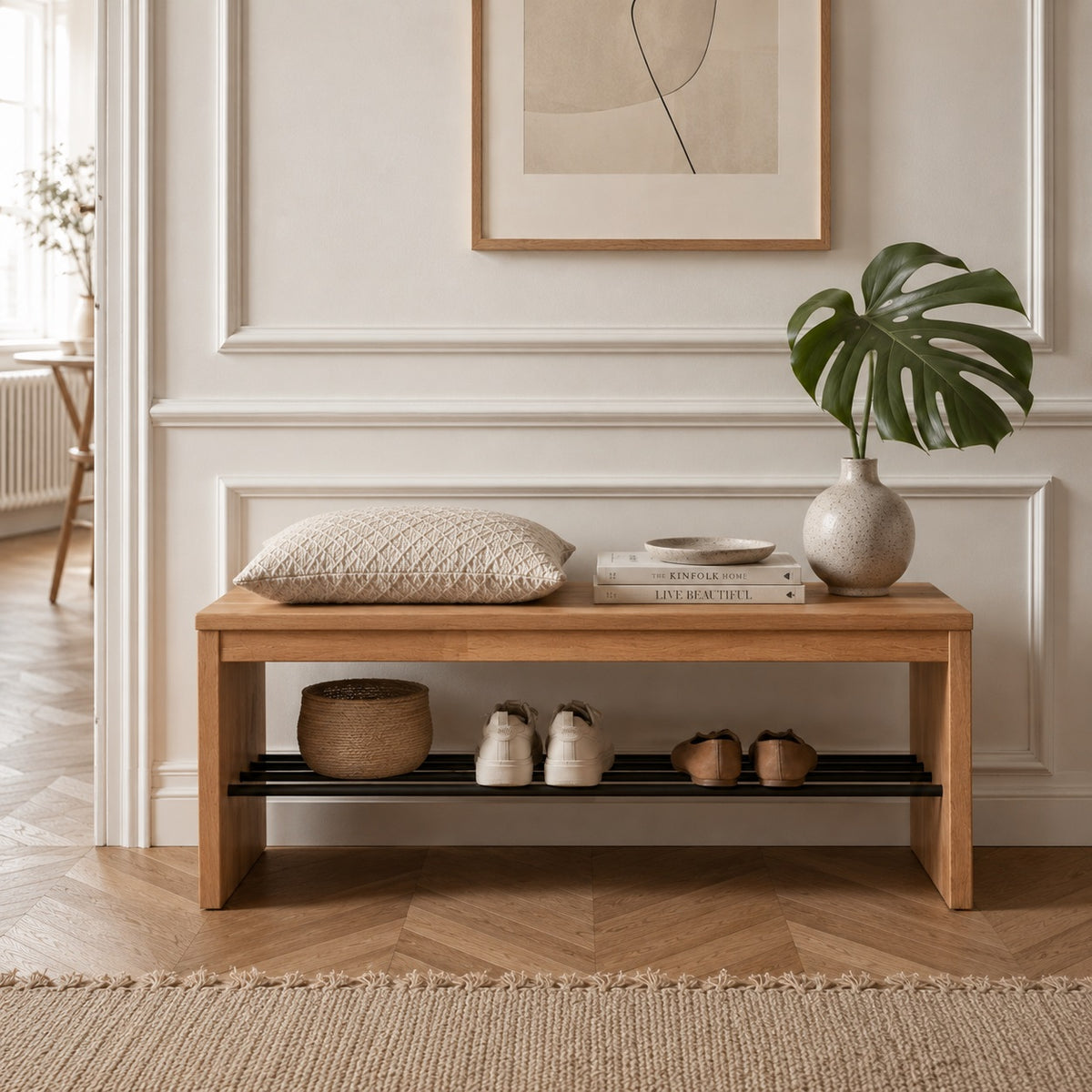 Sif Snedker bænk med skohylde i massiv FSC bøgetræ og naturolie fra Organic Sleep | L120 x D40 x H45 cm