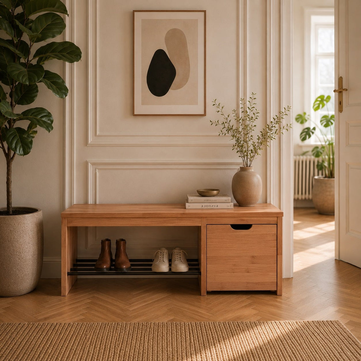 Sif snedker Bænk med 1 skuffe i massiv FSC Bøgetræ og Naturolie med skohylde af sorte metalrør fra Organic Sleep | L120 x D40 x H45 cm - kan spejlvendes