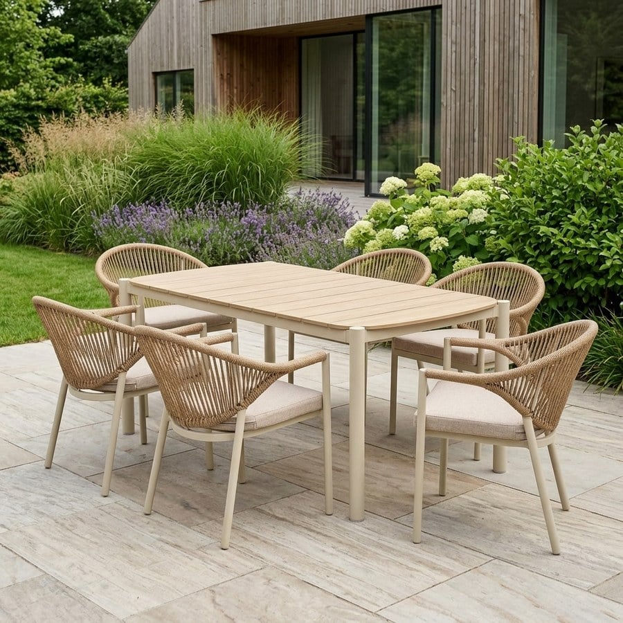 Abela Havemøbelsæt i Sand/Natur fra House Nordic | Sæt af 7 - 100x200x74 cm Bord + 6 Stole med hynde