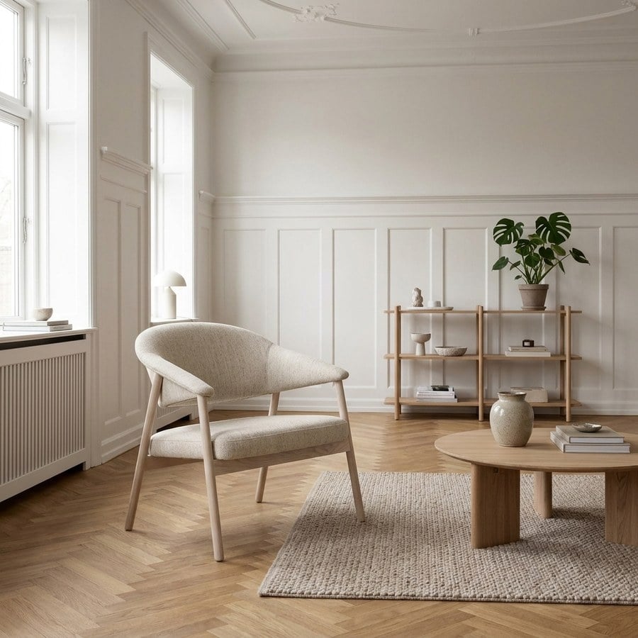 Elk Lounge Lænestol i Sand Polyester &amp; Ben i Hvidpigmenteret Egetræ fra Unique Furniture | D71xB68.5xH76 cm