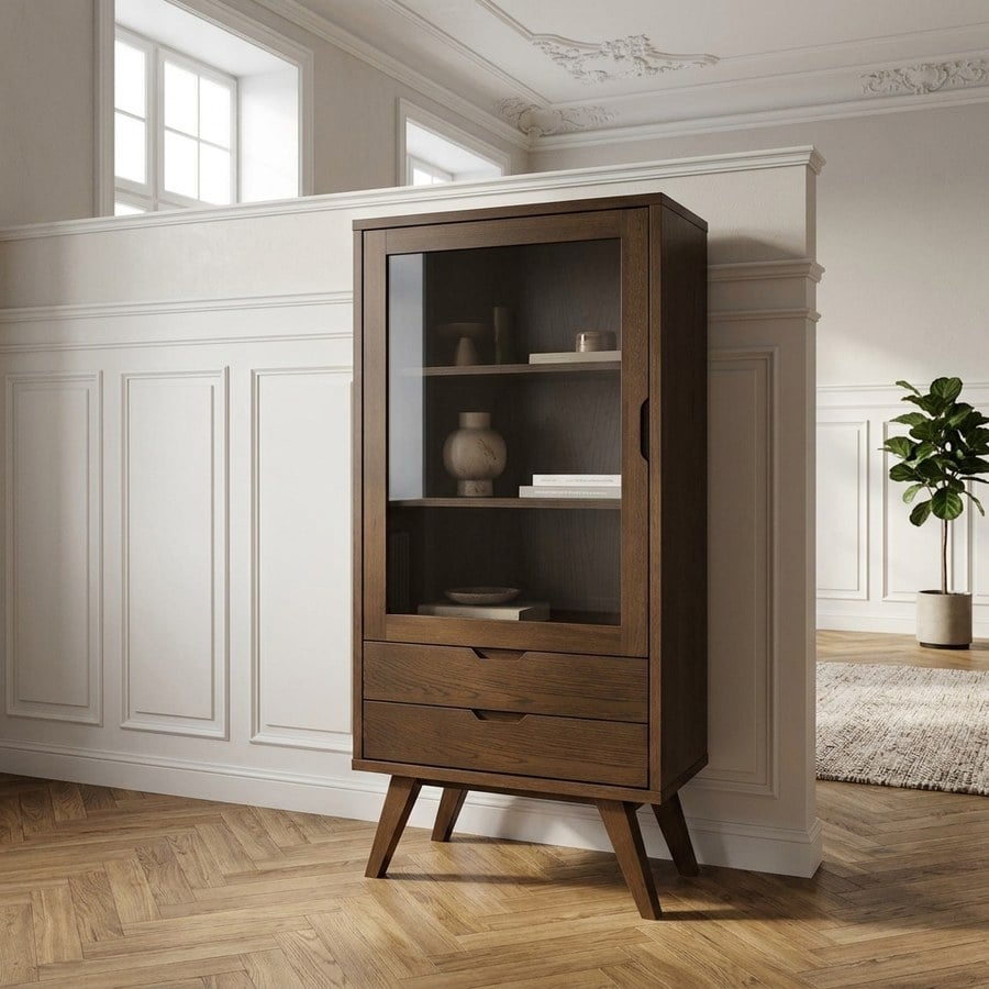 A-Line Vitrine i Røg Egetræ med Klar Glasdør & Skuffer fra Actona | BDH 72x36x145 cm - Billede 1
