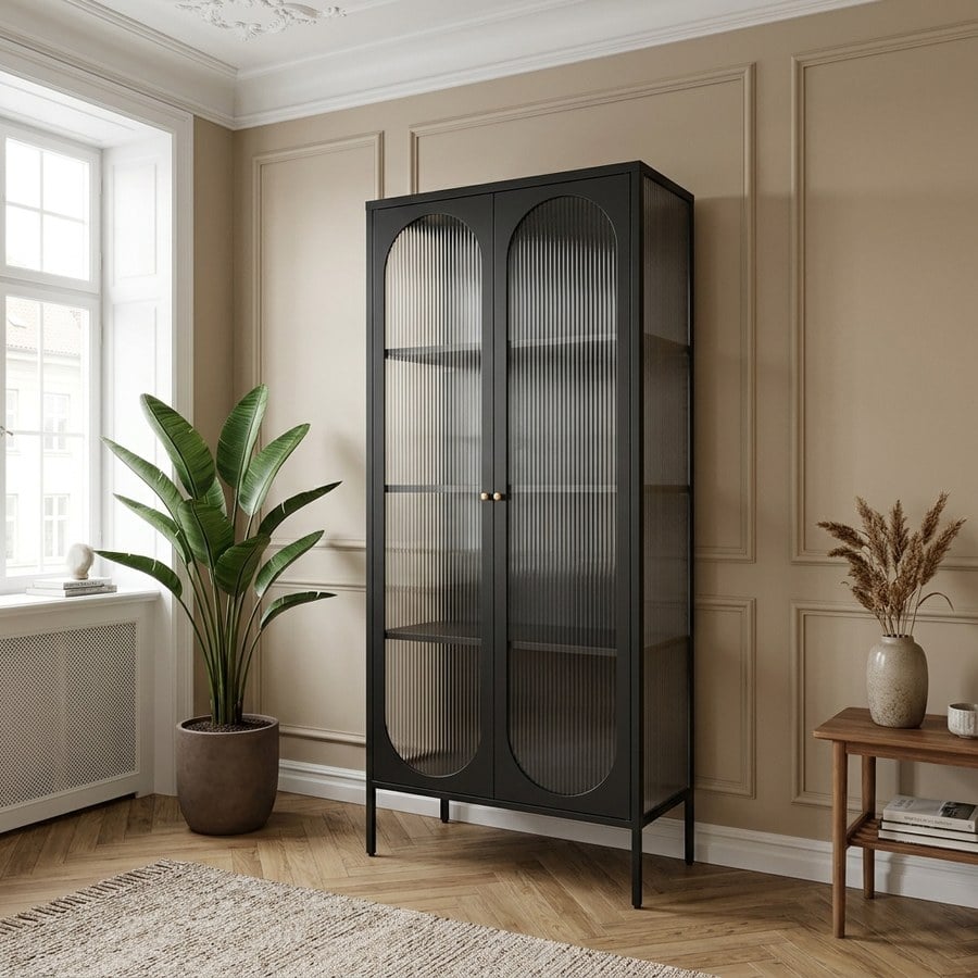 Adelaide Vitrineskab i Sort Stål med 2 riflede glasdøre fra House Nordic | 80x35x180 cm