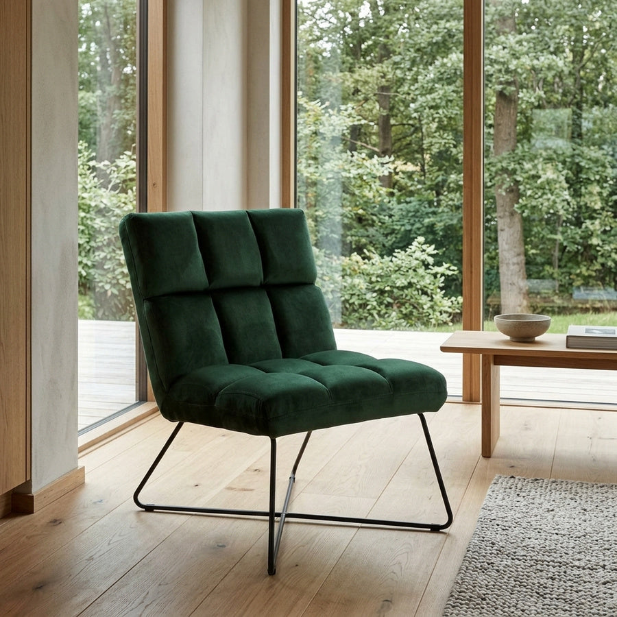 Alba Loungestol i Skovgrøn Stof med Firkantet Syning & Lynlås & Stel i Mat Sort Stål fra Actona | B62xD86xH90cm - Billede 1