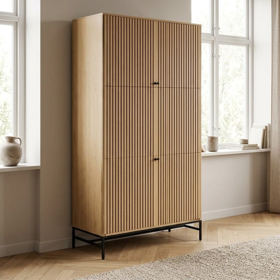 Albany Klædeskab i Eg Melamin med Bøjlestang & Lamelfront & Stel i Mat Sort Stål fra Actona | BDH 99x60x200 cm - Billede 1
