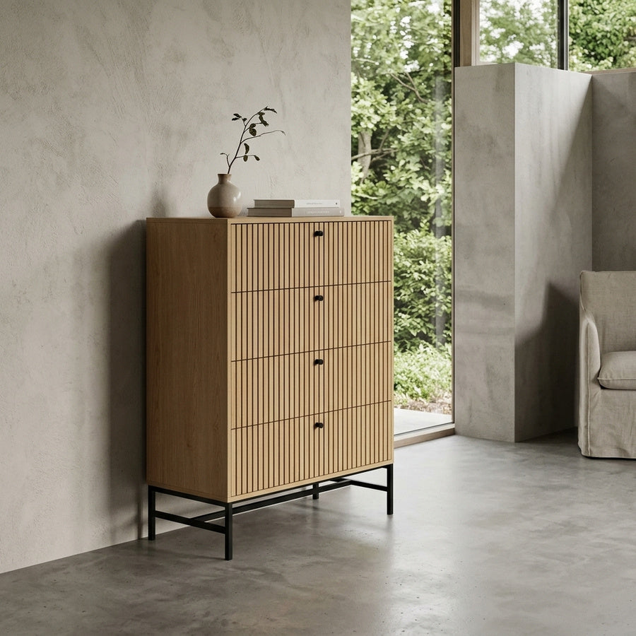Albany Kommode i Egetræ med Lamel Front & Stel i Sort Stål fra Actona | B80,6xD40xH100,1cm - Billede 1