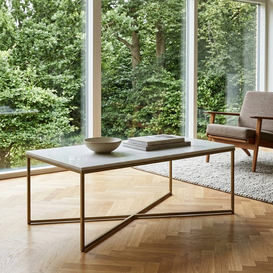 Alisma Sofabord i Hvid Marmor & Stel i Messing Stål fra Actona | B120xD60xH46cm - Billede 1