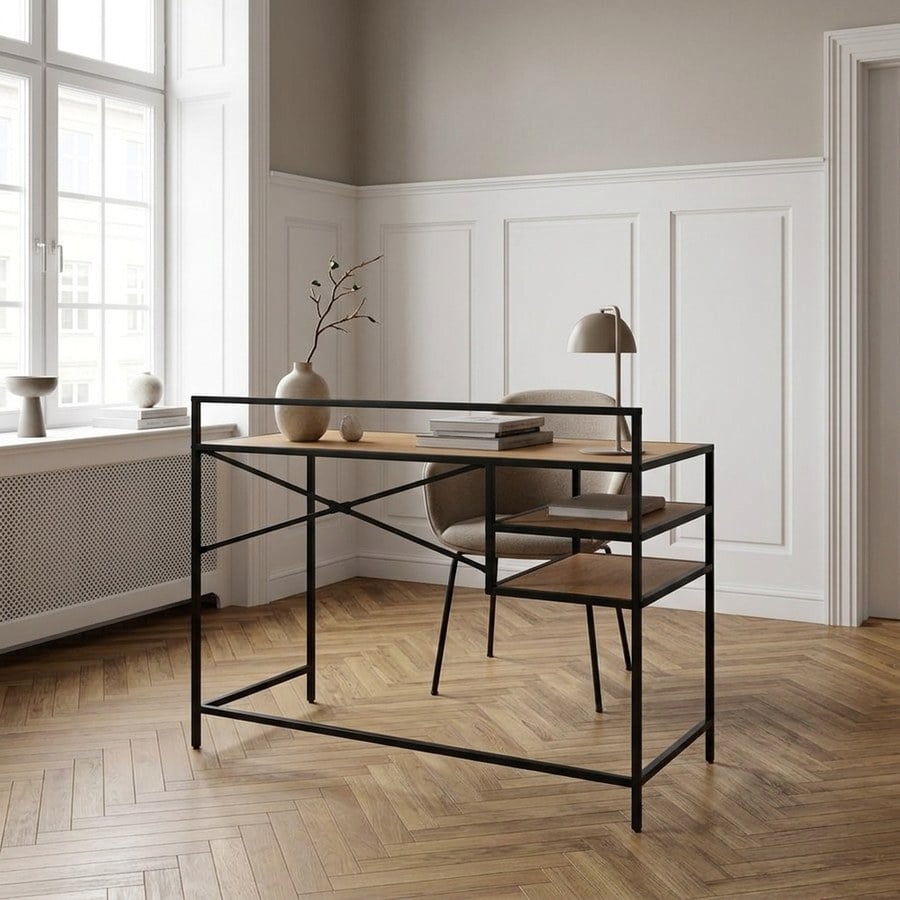 Altino Skrivebord i Vild Eg Melamin og Sort Metal fra Unique Furniture | B110xH88xD56,8cm