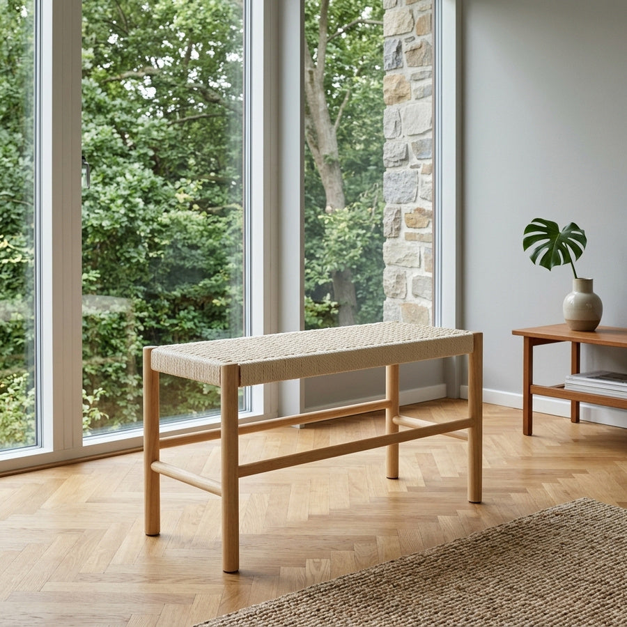 Alvin Bænk i Off White Papirflet med Vævet Mønster & Stel i Natur Fyrretræ fra Actona | B80xD35xH45cm - Billede 1