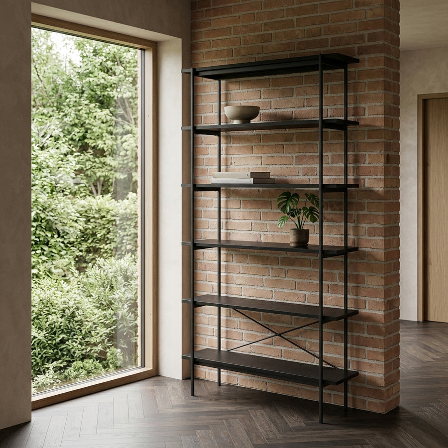 Angus Reol i Sort Ask Melamin & Stel i Sort Stål fra Actona | B94xD27xH172cm - Billede 1