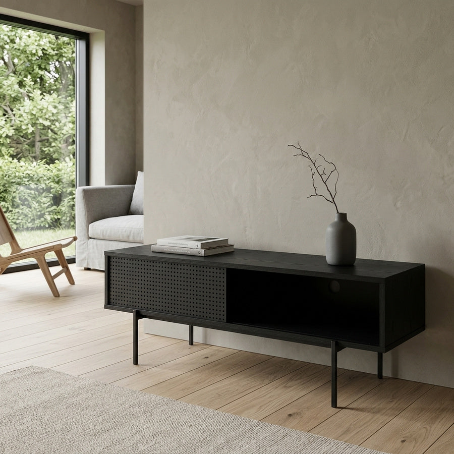 Angus TV Bord i Sort Ask Melamin med Skydedør & Dør & Stel i Sort Stål fra Actona | B140xD40xH44,5cm - Billede 1