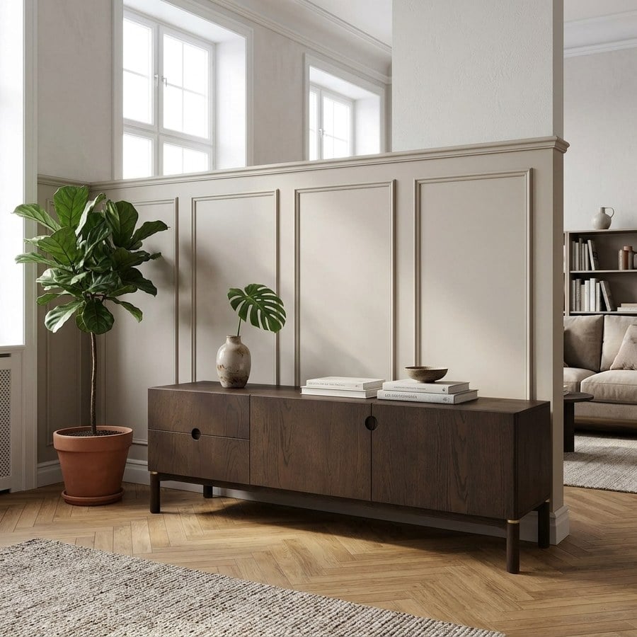 Arun Aires TV Bord i Espresso Brun Egetræsfinér og Massivt Egetræ fra Unique Furniture | B160xD46xH55cm