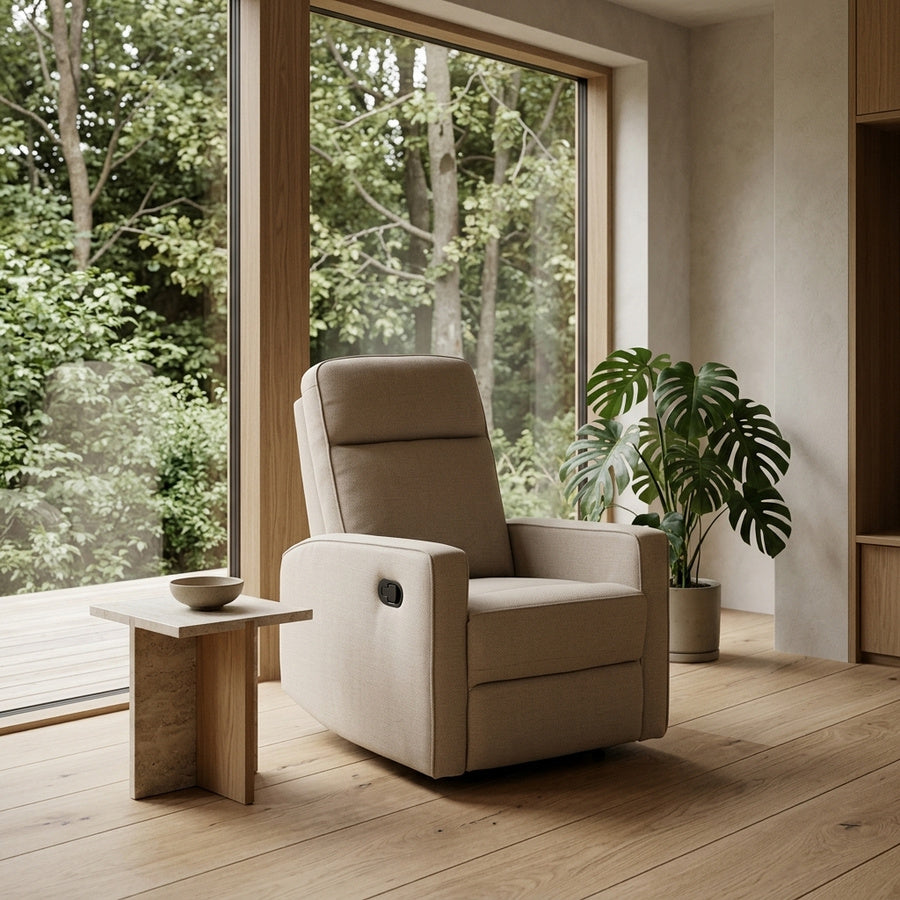 Asila Recliner i Beige Stof med Manuel Udløser og Posefjedre og Stel i Sort Stål fra Actona | 72x91x103cm - Billede 1