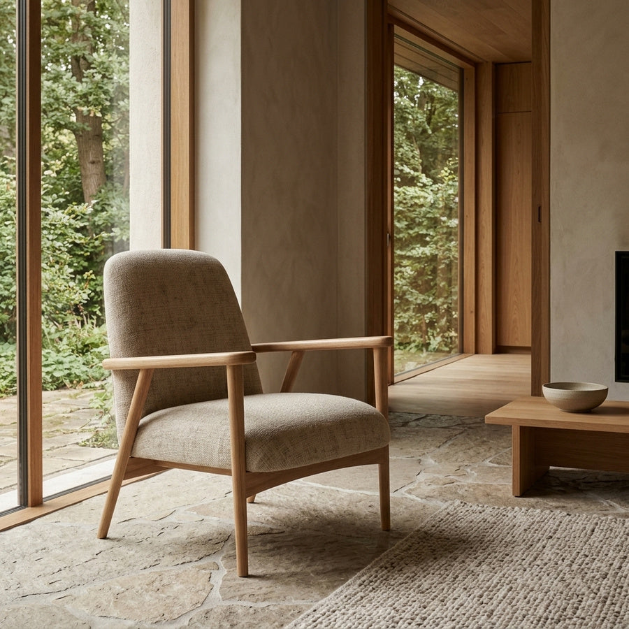 Auckland Lounge Stol i Beige Jute med Armlæn og Stel i Egetræ fra Actona | 71x84x83cm - Billede 1