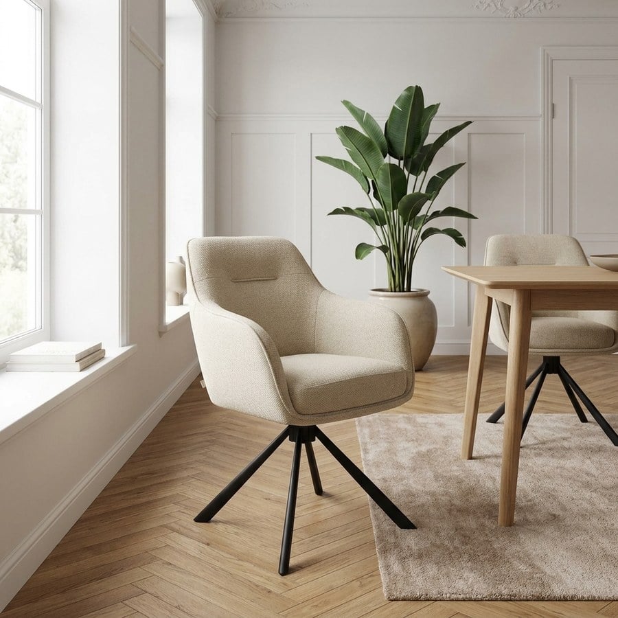 Avola Spisebordsstol med Armlæn i Sandfarvet Stof med Sort Stål Stel fra Unique Furniture | B59xH87xD65cm