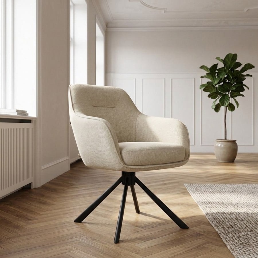 Avola V2 Lænestol i Sand Polyester med Drejefod &amp; Ben i Sort Metal fra Unique Furniture | B65xD59xH89 cm