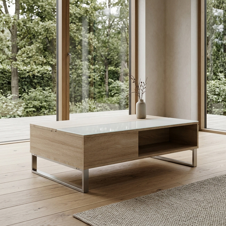 Azalea Sofabord i Hvid Glas & Sonoma Egetræ Melamin med Hejs & Skjult Opbevaring & Stel i Aluminium Stål fra Actona | B110xD60xH35-55cm - Billede 1