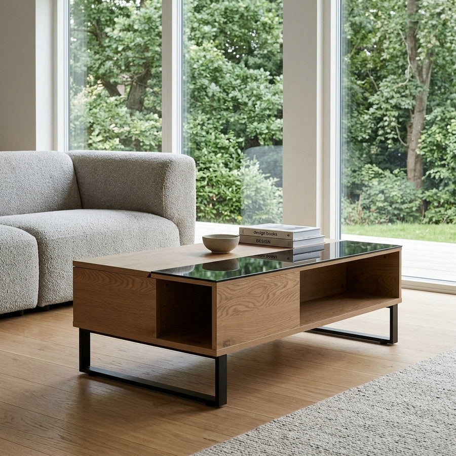 Azalea Sofabord i Sort Glas & Vild Eg med Hejs & Skjult Opbevaring & Stel i Sort Stål fra Actona | B110xD60xH35-55cm - Billede 1