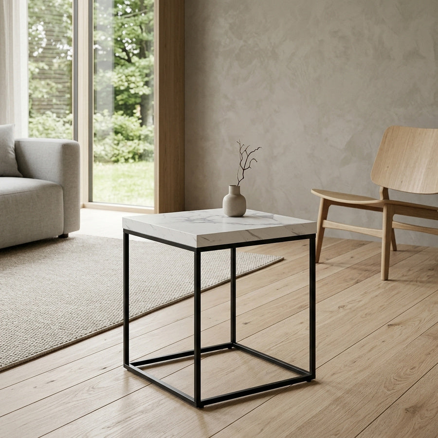 Barossa Firkantet Sofabord i Hvid Marmor Melamin & Stel i Sort Stål fra Actona | B40xD40xH45cm - Billede 1