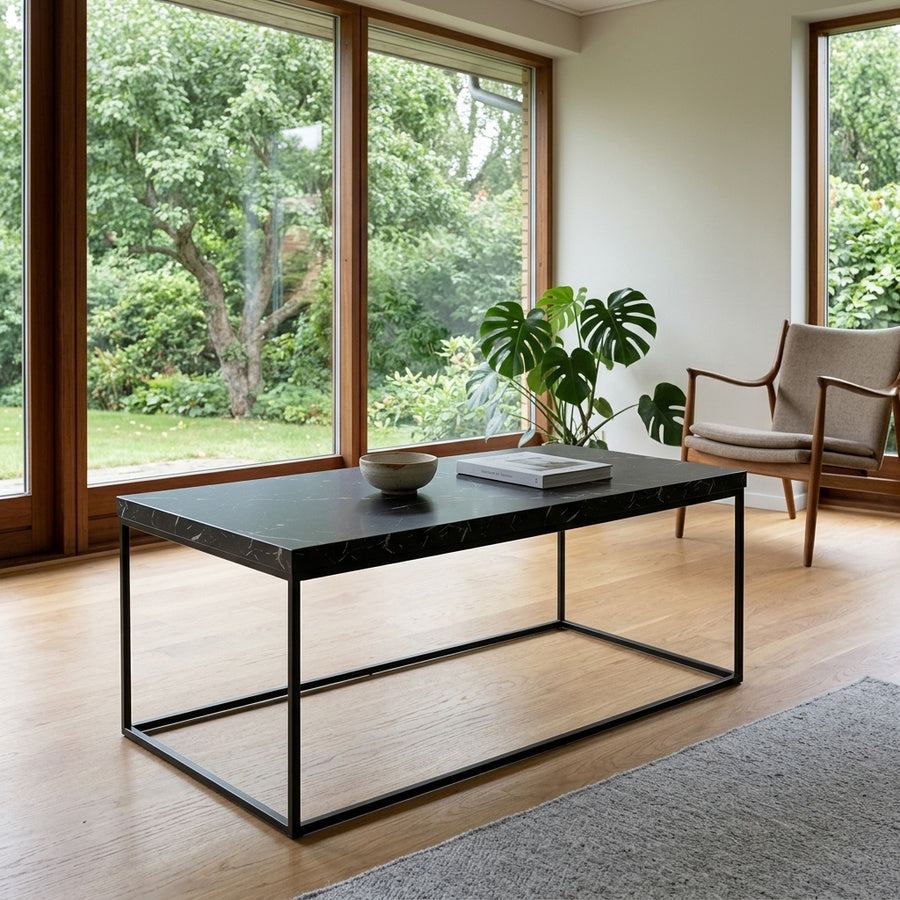Barossa Rektangulær Sofabord i Sort Marmor Marquina Melamin & Stel i Sort Stål fra Actona | B110xD55xH45cm - Billede 1