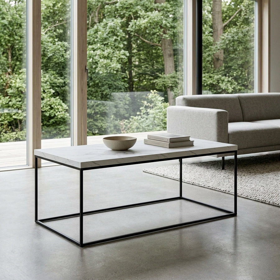 Barossa Sofabord i Hvid Marmor Carrara Melamin & Stel i Sort Stål fra Actona | B110xD55xH45cm - Billede 1