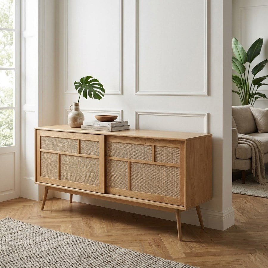 Barrali Skænk i Natur Egetræ og Rattan fra Unique Furniture | B180xH80xD45cm