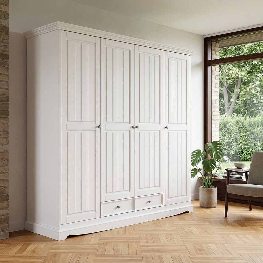 Miljøbillede af Nanna Skab i Massiv Fyrretræ, Hvidmalet (B203xD64xH190cm) indrettet i hjemmet fra UniqueBeds Home and Living