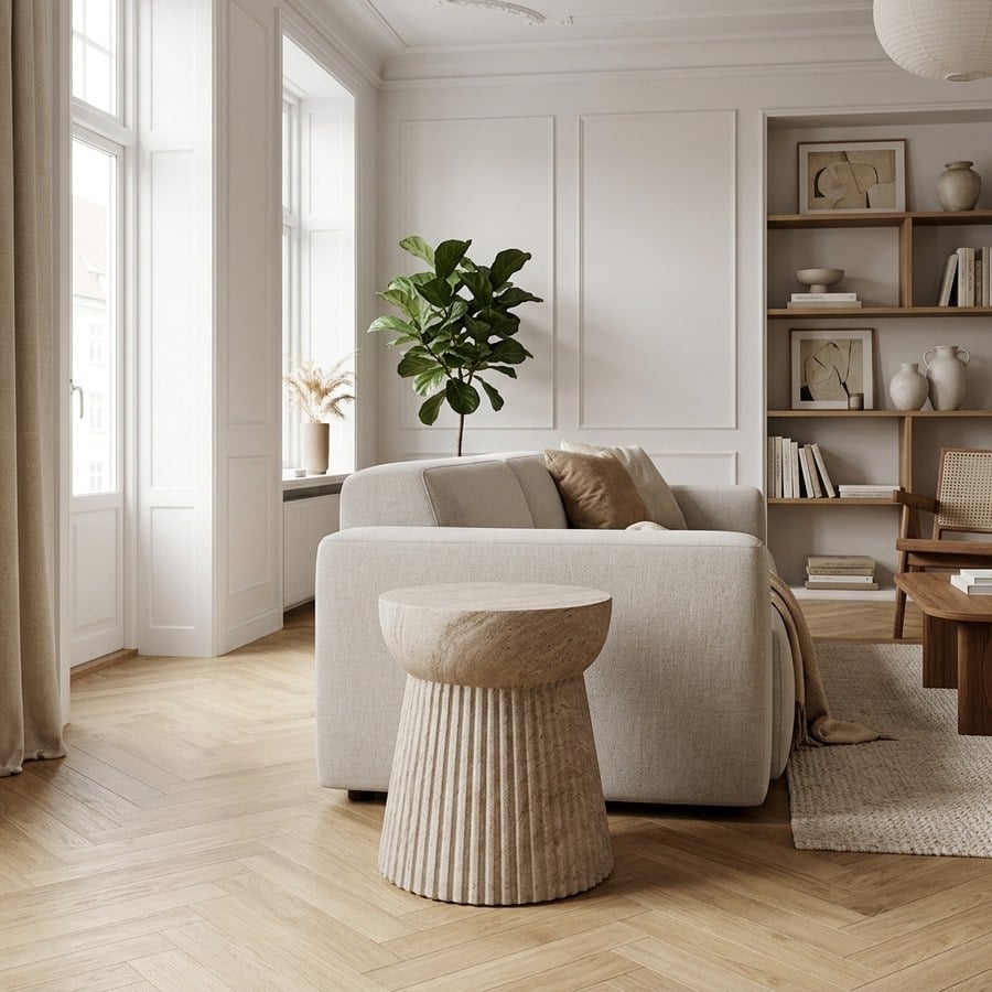 Bonn Sidebord i Naturfarvet Fiberclay med Rillet Design fra House Nordic | Ø37xH43cm