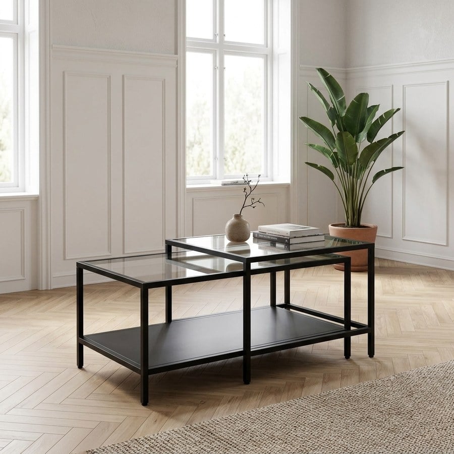 Bronco Sofabord Sæt i Sort Metal og Glas fra Unique Furniture | Sæt af 2